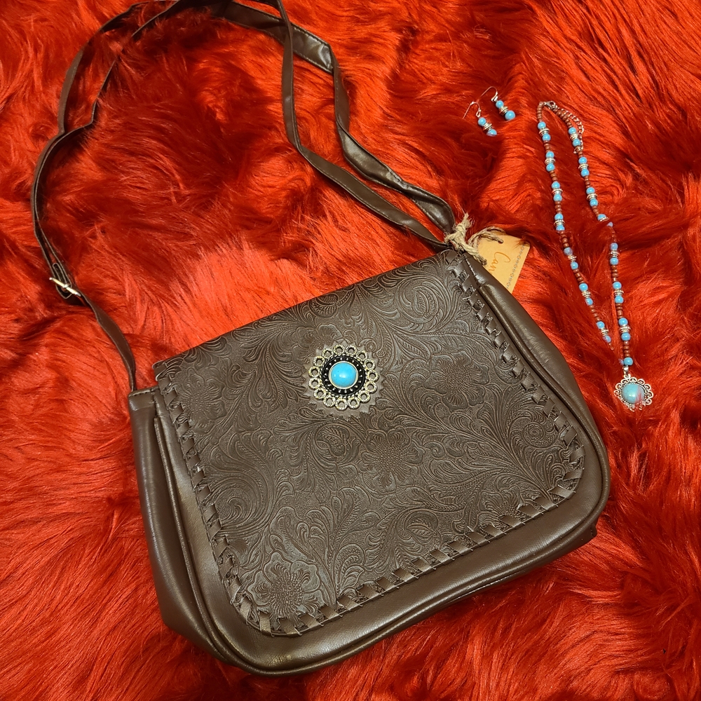 Canyon Sky Vintage Chocolate Embossed Scroll Bag Crossbody Purse with Turquoise